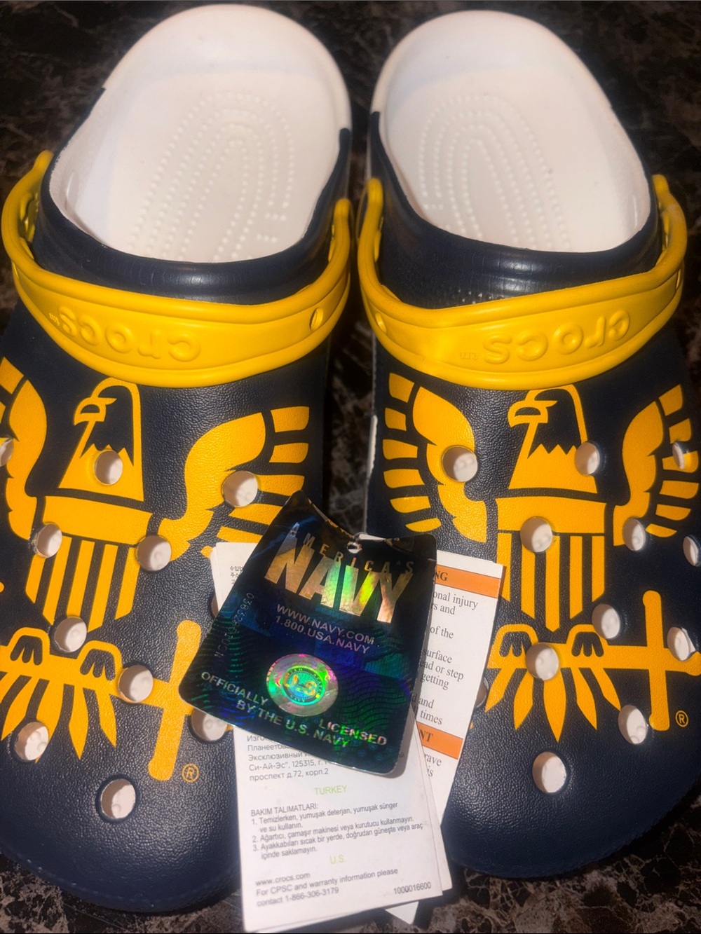 CROCS Men size 13 Navy and Yellow Graphic Clog